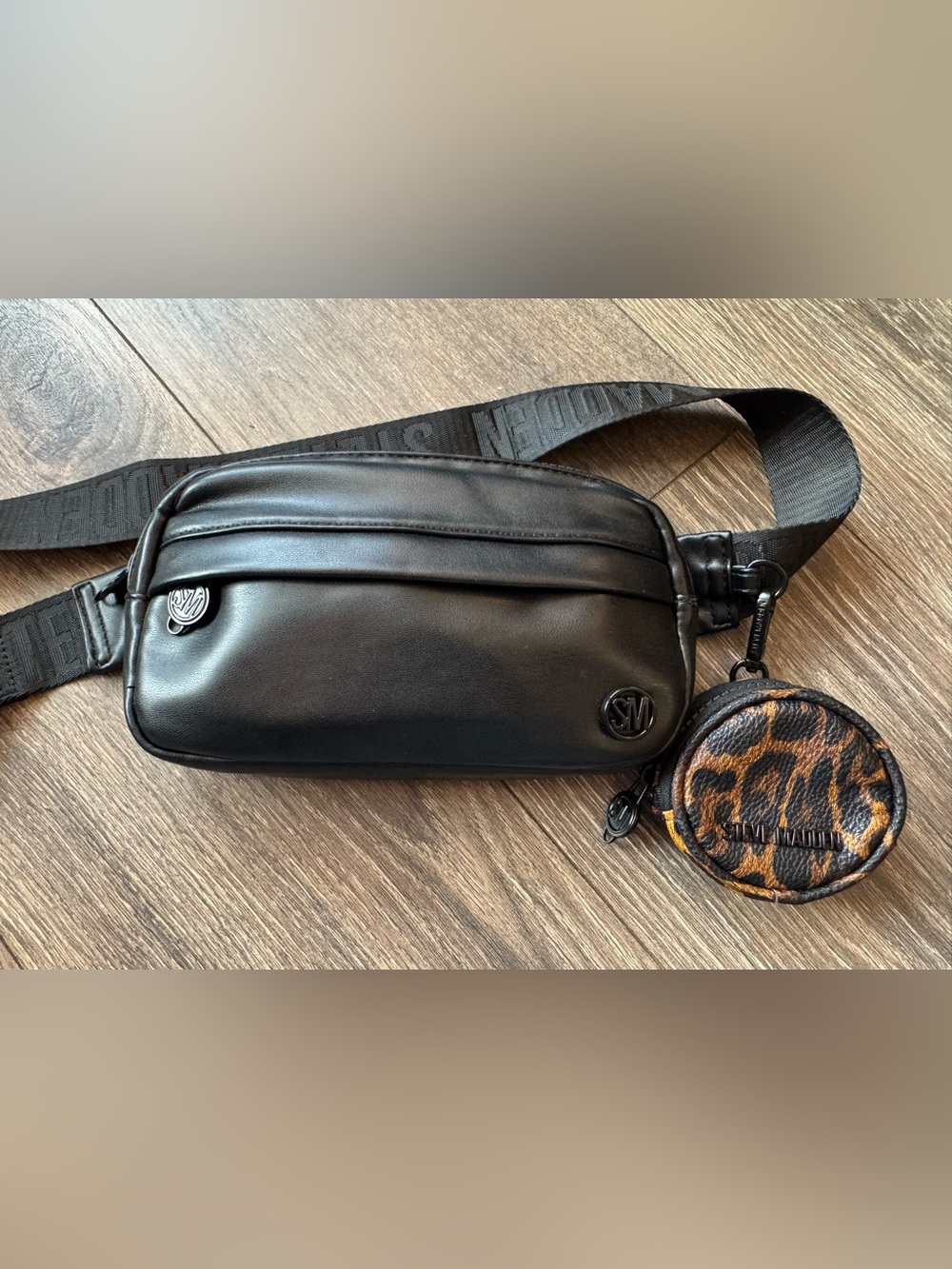 Steve Madden Black Vegan Leather Crossbody Belt Bag w/Removable Leopard Pouch